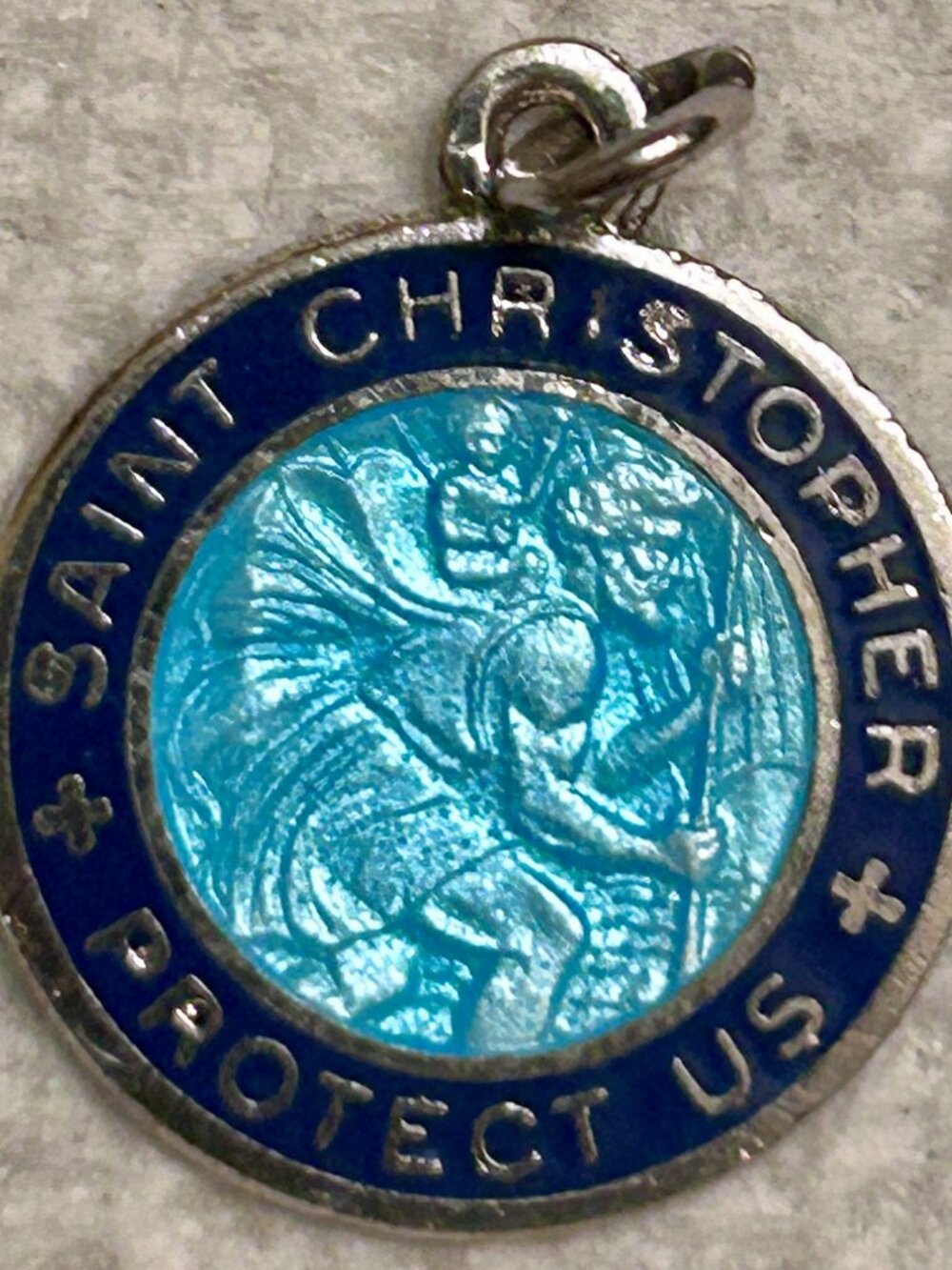 Vintage Sterling Silver Blue on Blue Enamel St. Christopher Pendant Charm